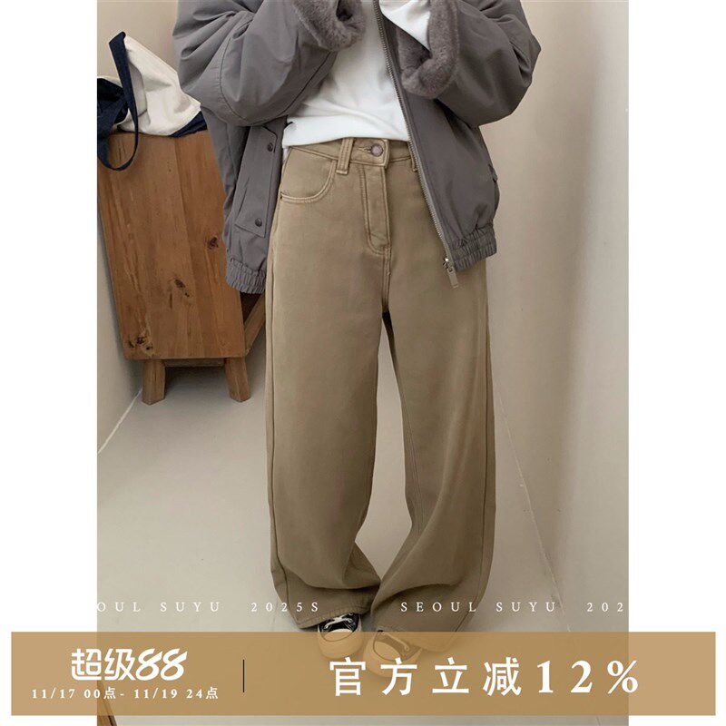 韩版卡其色窄版加绒直筒裤女2025秋冬新J款垂感显瘦气质百搭阔腿