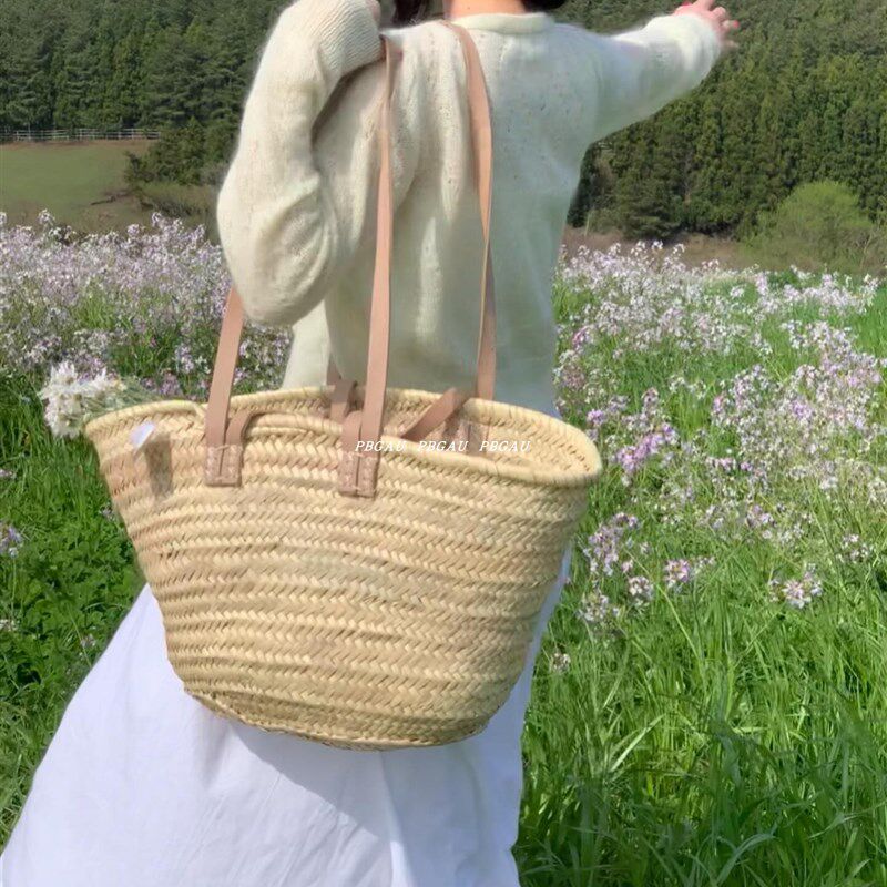 PBGAU 春夏小众手工编织包法式野餐包度假包粉色U肩带草编包菜篮