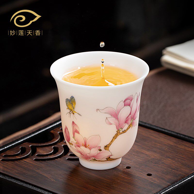 妙莲天香省大师级手绘《芝兰玉树》主人杯L羊脂玉瓷茶杯单杯女专