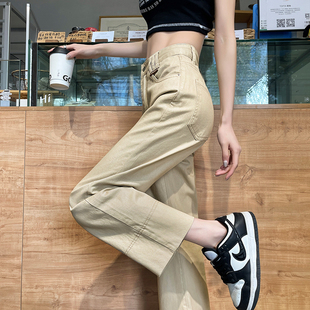 卡其色烟管牛仔裤女春秋季2025年新款高腰窄版九分小个子直筒裤子