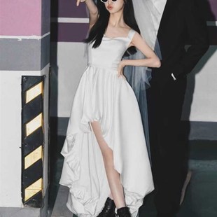 法式轻婚纱白色气质缎面吊带订婚礼服连衣裙小个子新娘结婚出门纱