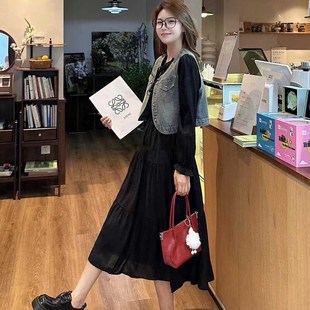 牛仔马甲长袖连衣裙两件套2024秋季新款时尚百搭设计感仙女裙套装