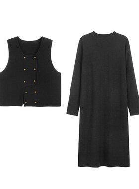 200斤大码女装套装连衣裙外搭马甲2024冬胖mm显瘦针织两件套21927