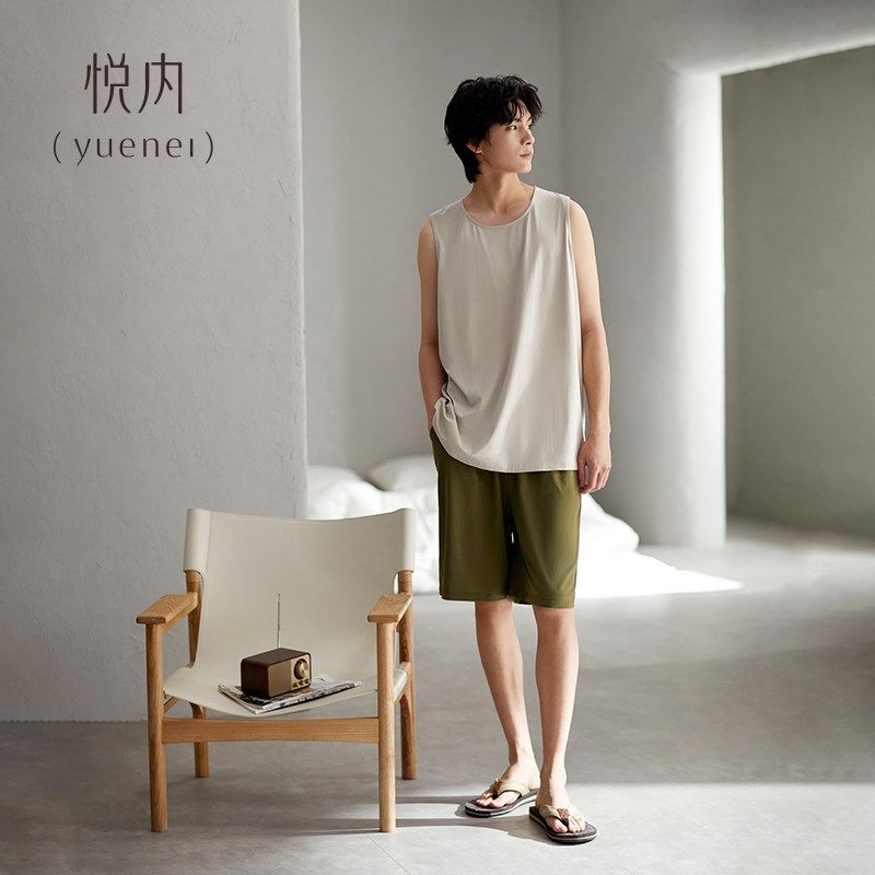 悦内2024新款睡衣男士夏季夏款背心短裤纯棉家居服男款加大码套装