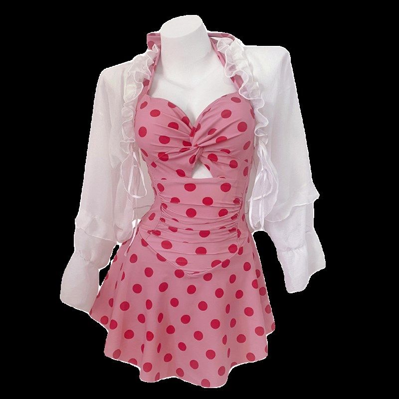 可爱少女连体游泳衣女夏季泡温泉小D胸不空杯长袖罩衫保守遮肉三