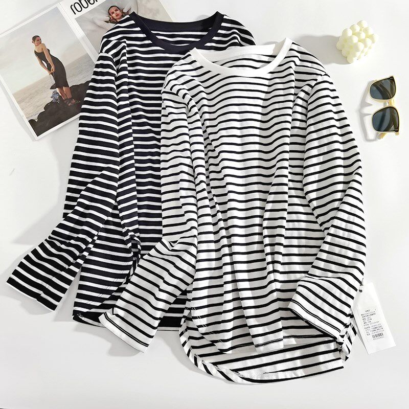 前短后长遮屁股i条纹圆领长袖T恤女2025新款中长款百搭打底衫