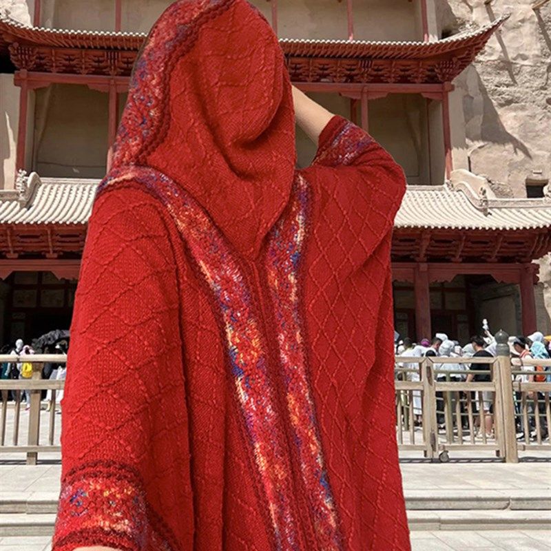 红色披肩女2025年夏季新款空调B房民族风斗篷外搭青海旅游披风