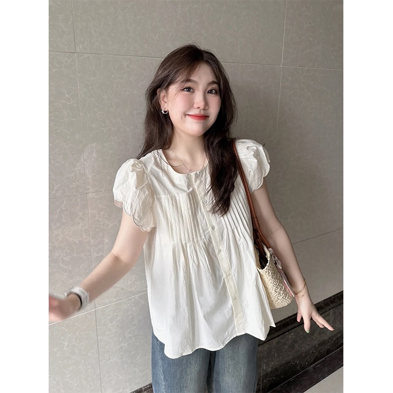 微胖女生小飞袖j压褶设计感衬衫女夏季新款宽松甜美减龄白色衬衫