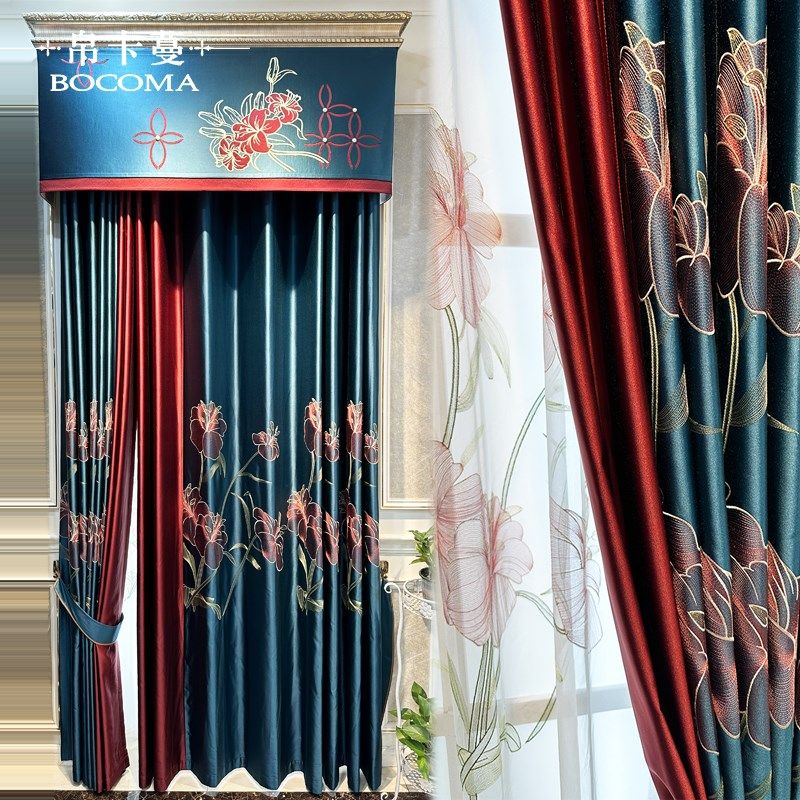 新款高档别墅美式田园中式客厅卧B室遮光绣花墨绿窗帘成品定制窗