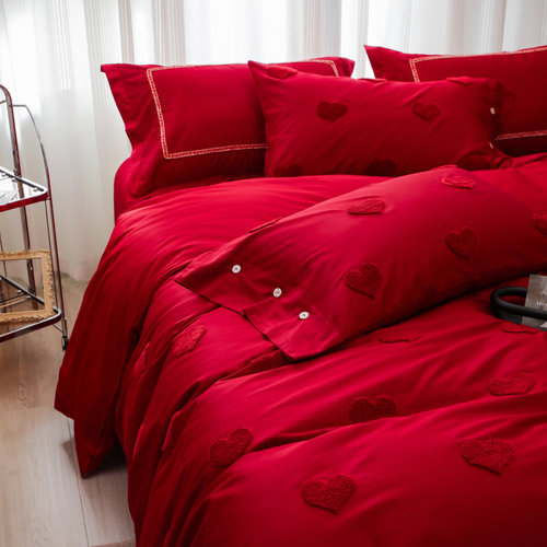 简约爱心毛巾刺绣红色结婚四t件套100支长绒棉纯棉喜被床品1.8双