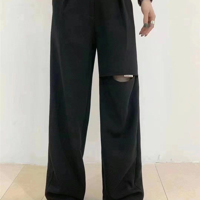欧货夏季薄款设计感黑色休闲拖地裤宽松西裤O女小众独特直筒阔腿