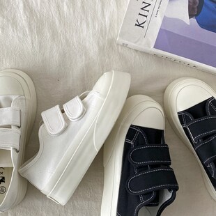 喜叔 日b系百搭魔术贴帆布鞋女2025夏季新款厚底黑色鞋子薄款板鞋