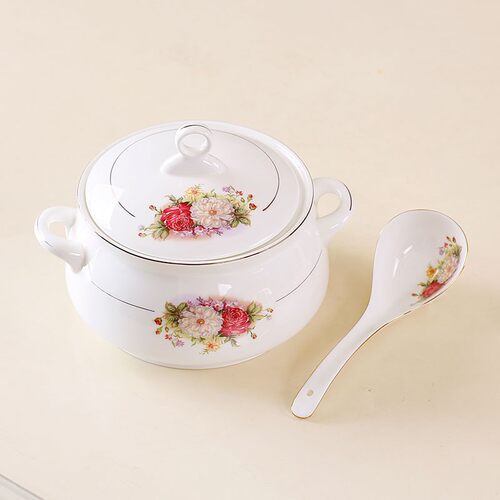 唐山骨瓷汤盆带盖宫廷煲双耳大汤碗陶F瓷汤锅欧式金边餐具品锅家