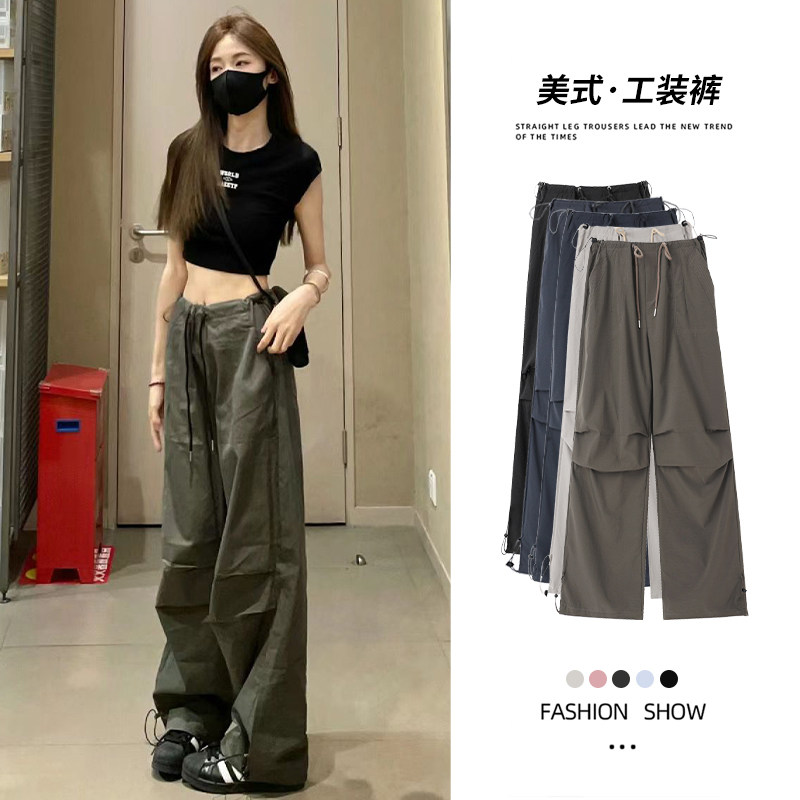 军绿色工装裤女夏j季薄款2024年新款美式降落伞兵小个子抽绳阔腿