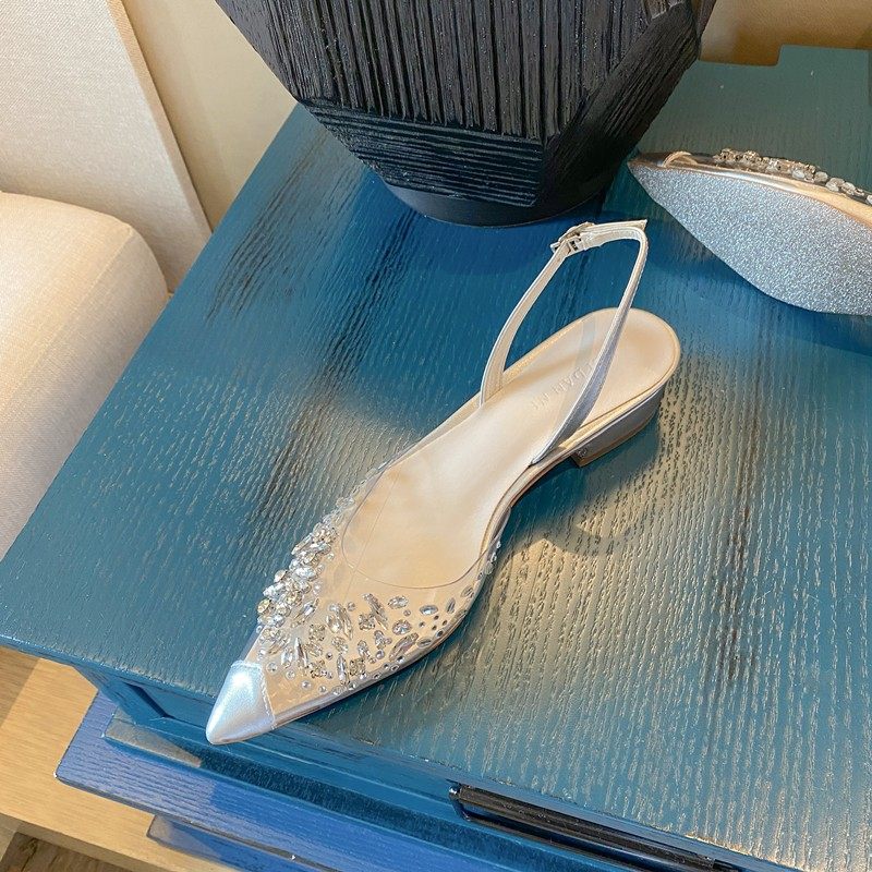 平底鞋女b夏浅口单鞋2023新款气质仙女水晶鞋尖头透明低跟水钻凉