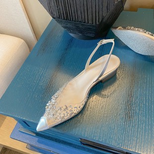 平底鞋女b夏浅口单鞋2023新款气质仙女水晶鞋尖头透明低跟水钻凉