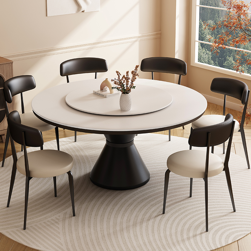 馨佰利岩板餐桌椅家用小户型圆桌复古风圆形电磁炉饭桌带转盘