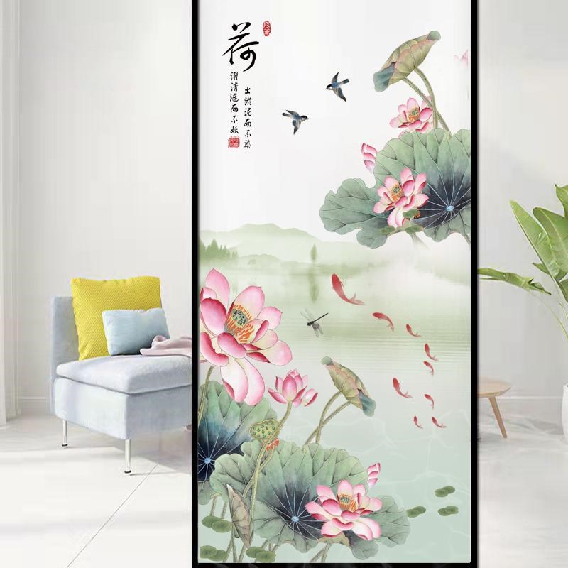定制卫生间门防走光玻璃贴纸中国风荷花图客厅厨房推拉门窗户贴膜