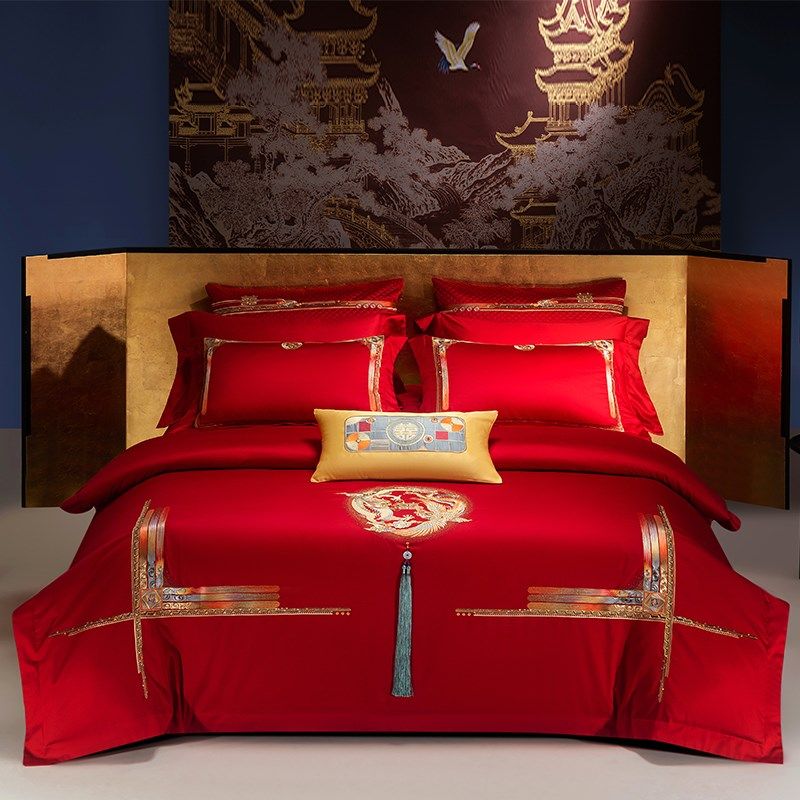 思辰家纺高端婚庆四件大红全棉刺绣龙凤喜被十件结婚床上用品,床上用品,婚庆床品套件,淘宝优惠券,粉丝福利购,淘宝优惠卷