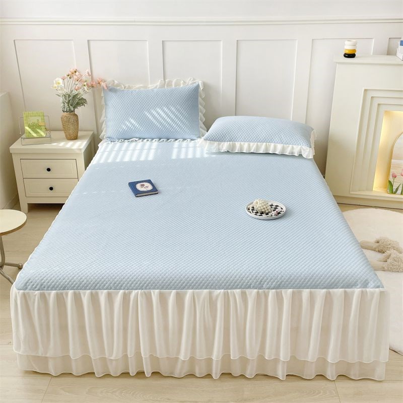 夏季冰丝豆豆凉席床裙款三件可机水洗夏凉垫空调席花边公主床罩