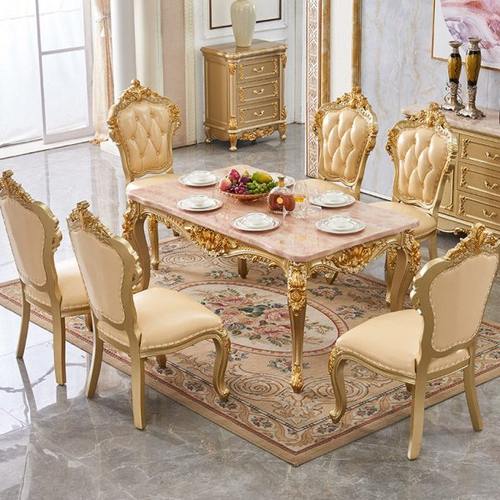 欧式餐桌大理石金色长方形桌子客厅小户型简约实木雕花餐桌椅组合