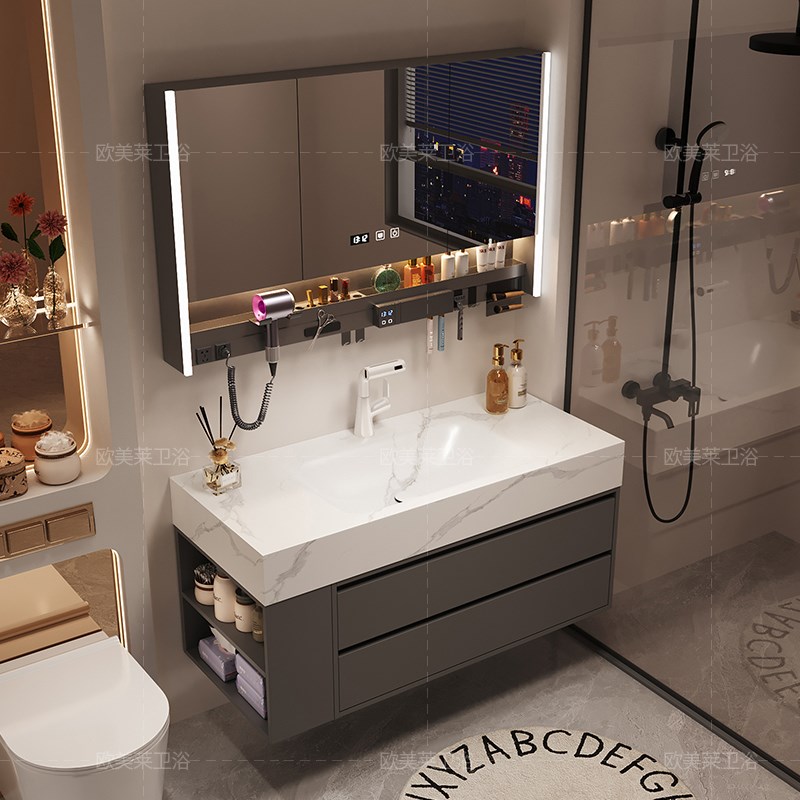 轻奢奶油风岩g板热弯一体盆浴室柜组合卫生间洗漱台洗脸洗手盆实