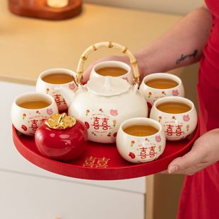 茶具套装 改订婚送敬茶杯口结婚礼盒茶壶用品新娘唐呈闺蜜中式 陪嫁