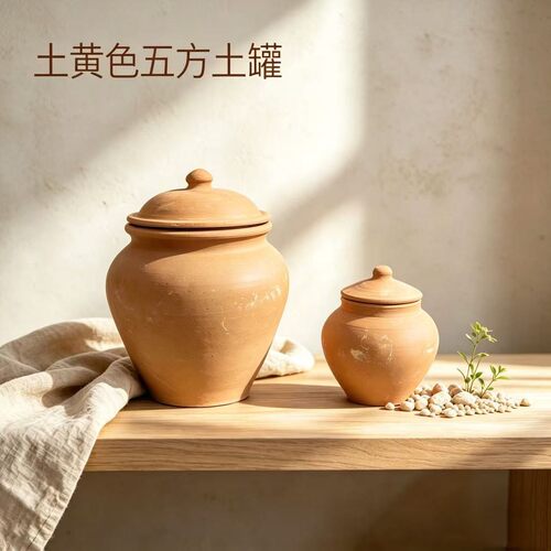 五色土陶罐无釉黄土招财镇宅化解土罐纯手工黄土泥聚宝盆风水摆件