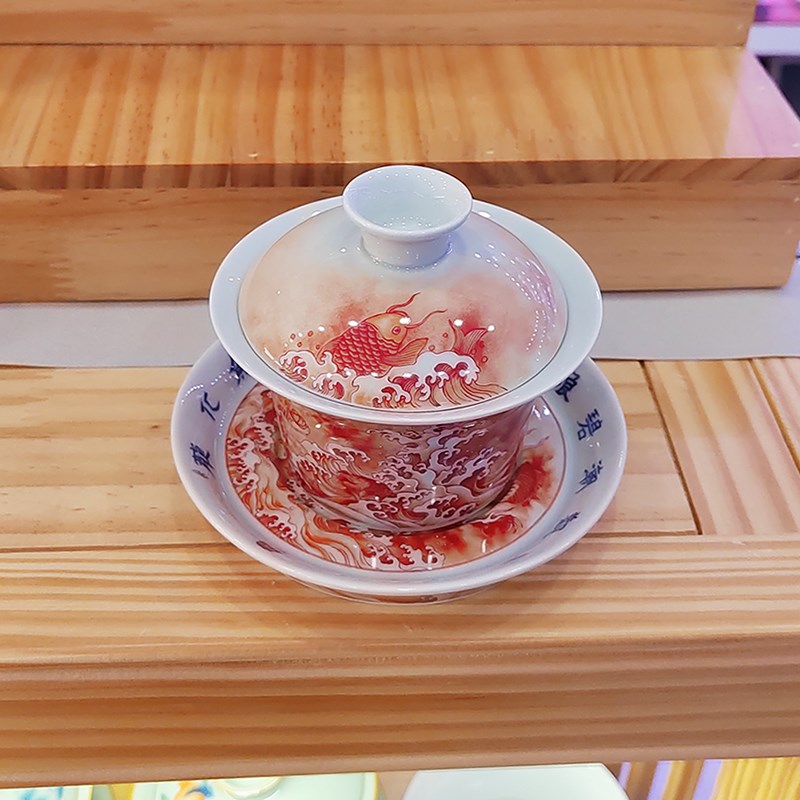 景德镇陶瓷矾红三才盖碗仿古不烫手泡茶碗功夫茶具大号敬茶杯壶承