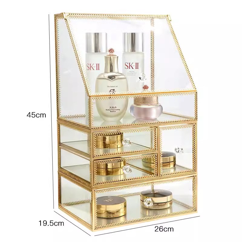 高颜值玻璃化妆品收纳盒透明梳妆台置物架桌面防尘护肤品2024新款