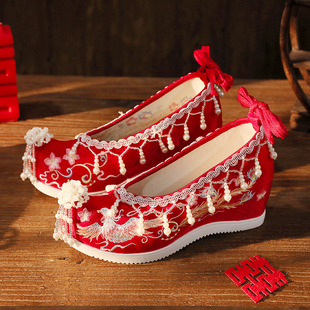 春秋新款流苏女古风红色新娘I秀禾中式内增高复古