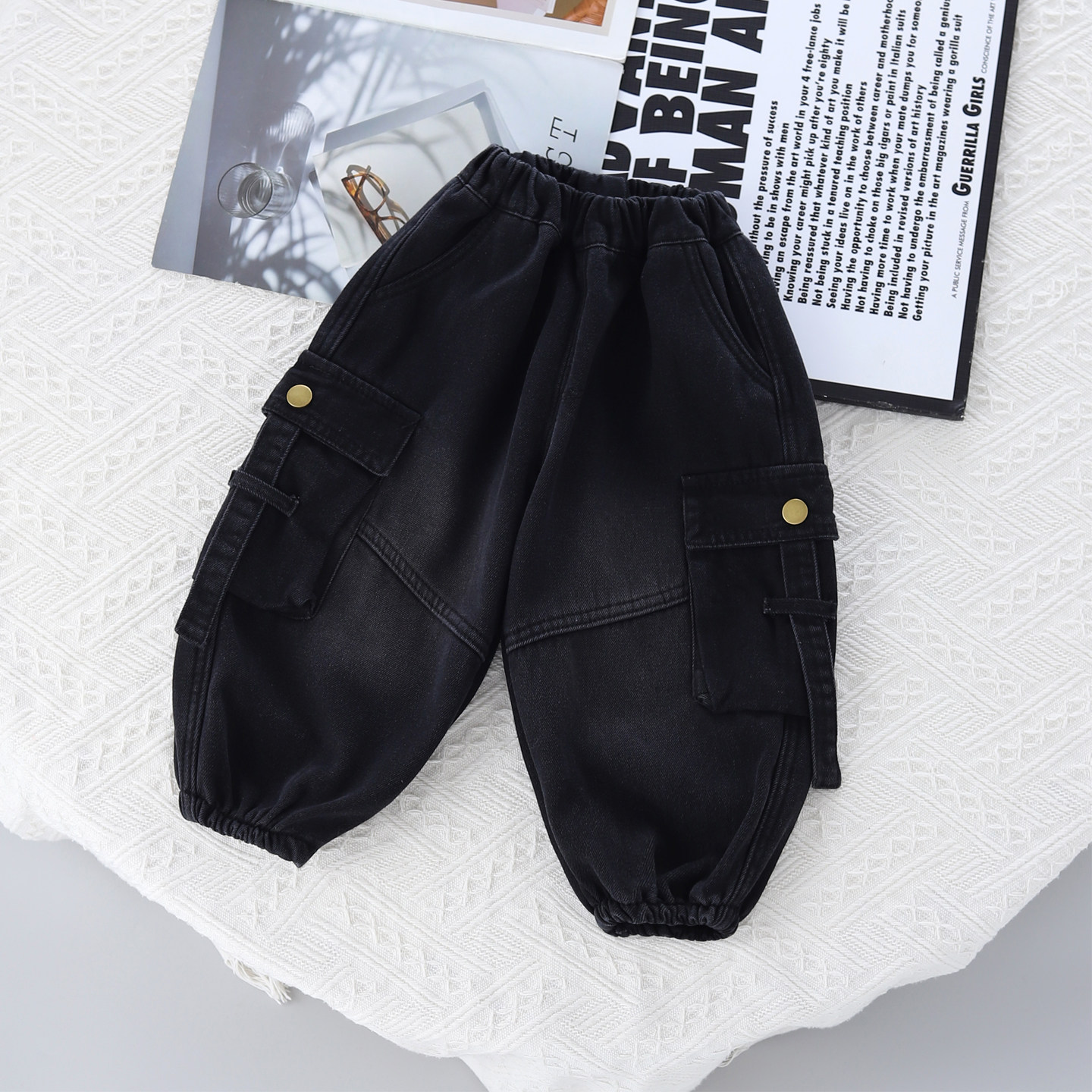 男童黑色加绒工装牛仔裤儿童春秋冬宽松束脚多口袋长裤宝宝韩版潮