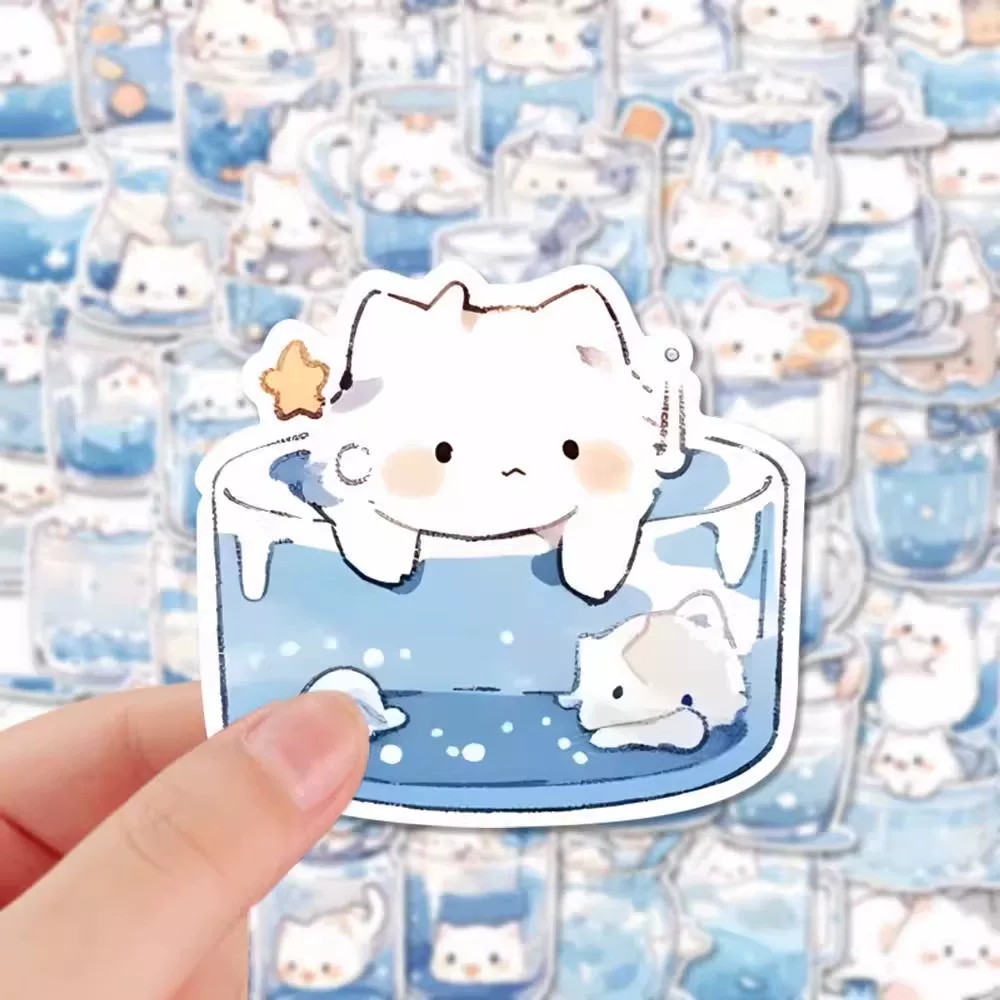 水杯猫猫小尾猫可爱贴纸卡通Q版素材装饰手账行李箱标签防水贴画
