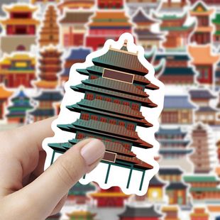 新款 飾手機(jī)手賬電腦行李箱貼畫(huà) 古代卡通古建貼紙中國(guó)歷史建筑裝
