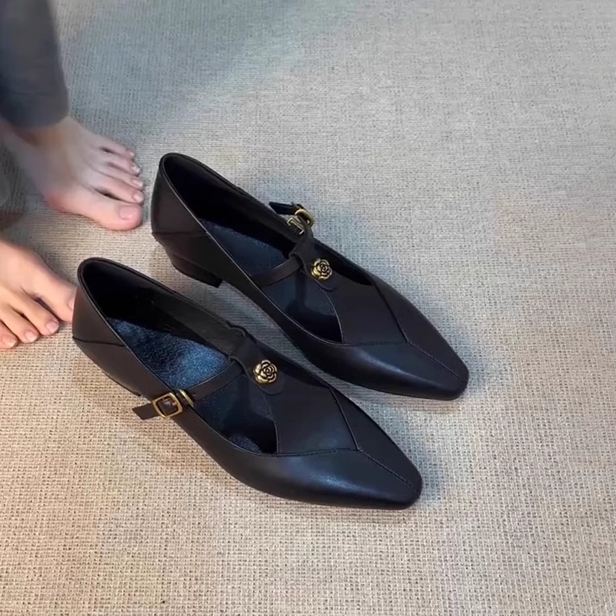 牛皮版~复古山茶花玛丽珍鞋