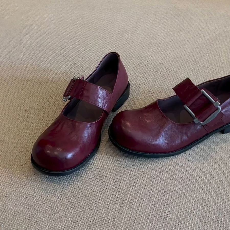 复古文艺真皮圆头玛丽珍鞋