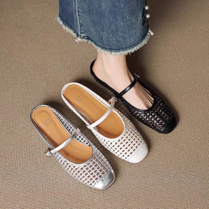 真皮方头编织镂空银色凉拖鞋女