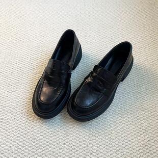 复古风增高厚底单鞋黑色圆头百搭粗跟乐福鞋女英伦风一脚蹬小皮鞋