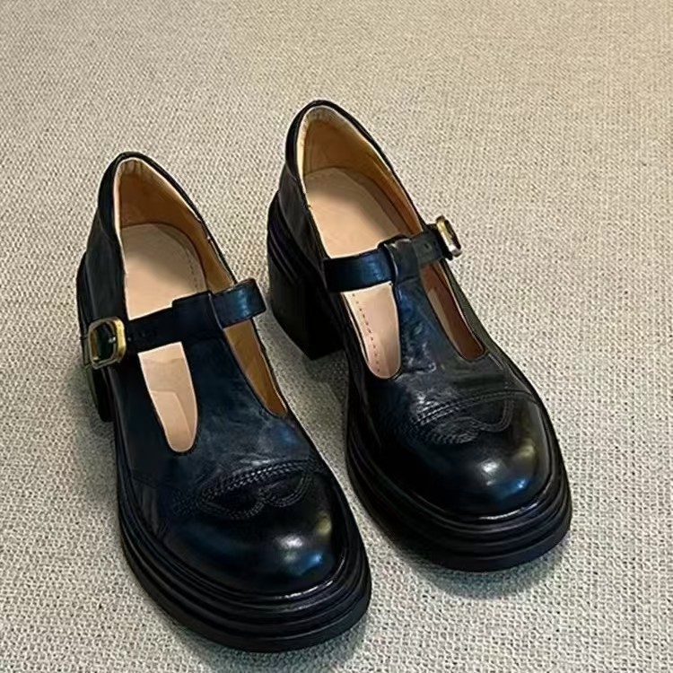 真皮厚底高跟玛丽珍单鞋小皮鞋