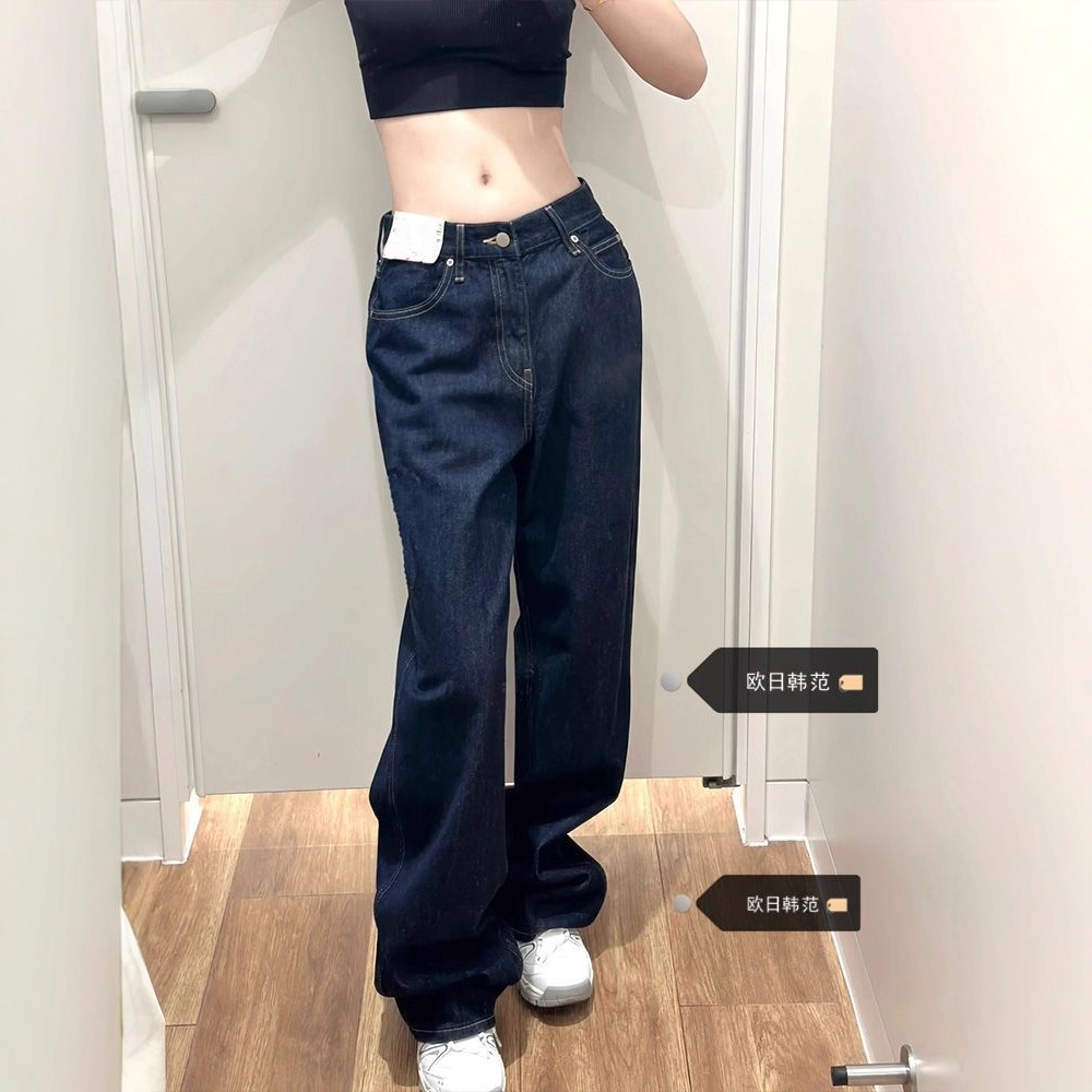 大码深蓝色高腰美式水洗牛仔裤女春秋季新款复古直筒拖地长裤子潮