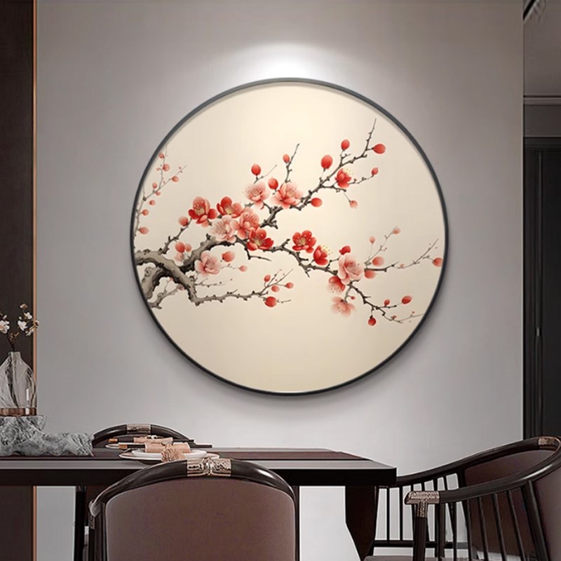 梅花入户玄关装饰画新中式圆形餐厅挂画古风茶楼包厢墙面艺术壁画图片
