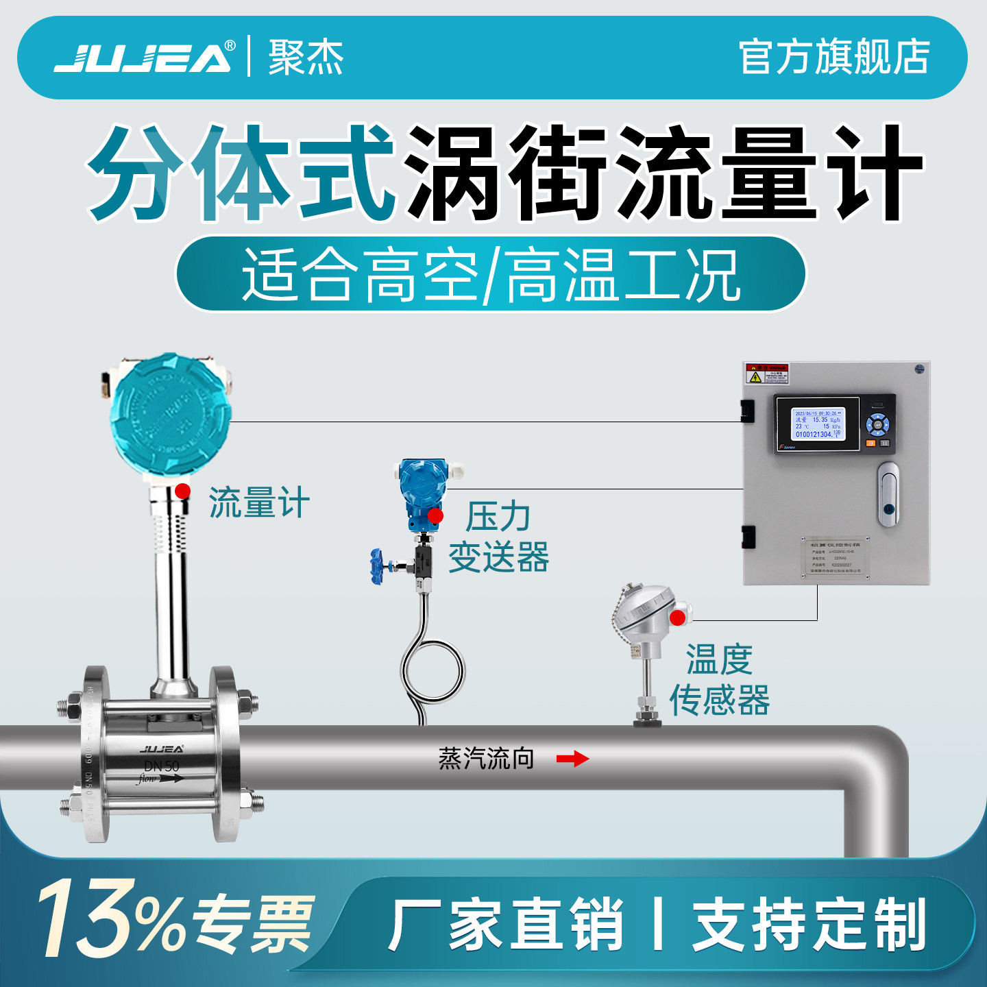 JUJEA两件式气体涡街流量计高温蒸汽压缩空气流量计温度压力补偿