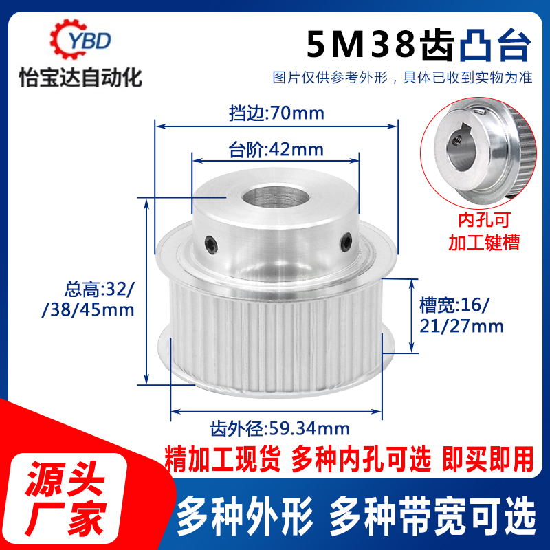 现货5Mb38齿同步轮精加工内孔可选同步带轮槽16/21/27带台阶B/K型