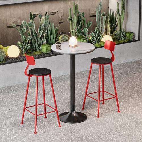 复古岩板高脚桌小酒馆铁艺吧台实木高凳靠背餐饮前台咖啡店圆桌椅