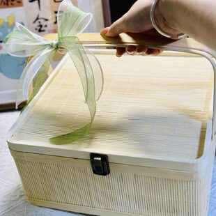 竹篮包装竹盒子方形中秋端午粽子收纳原木竹编手提带盖篮现货速发