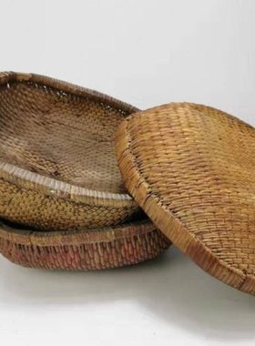 民俗怀旧收藏老物件针线笸箩老式竹编簸箩老旧农具农家院装饰摆件