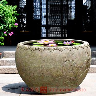 青石石雕鱼缸养花养鱼石缸花盆石缸户外装饰圆形流水仿古石槽庭院