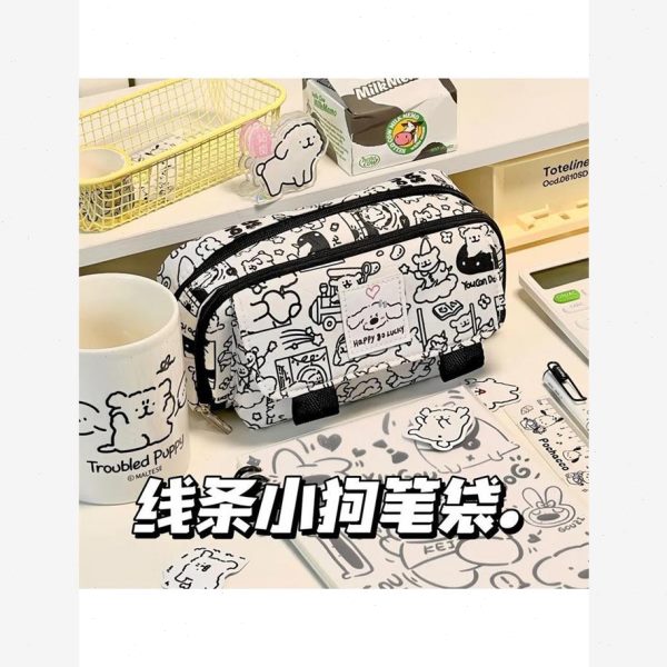 多功能大容量ins颜值线条日系笔袋新款铅笔袋高印花学生文具小狗