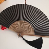 月亮扇 折扇竹柄扇双面纸扇男扇空白纯黑色纸扇可书画 6.8寸日式