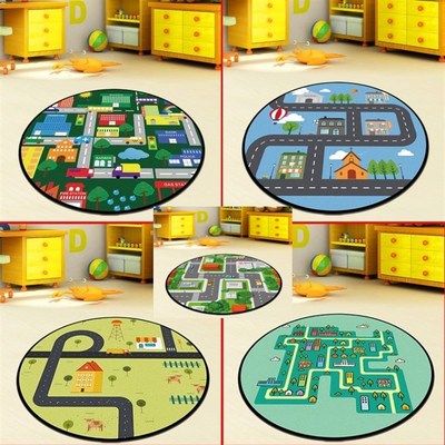 儿童蓝色圆形地毯城市跑道马路交通场景汽车轨道车道游戏爬行地垫